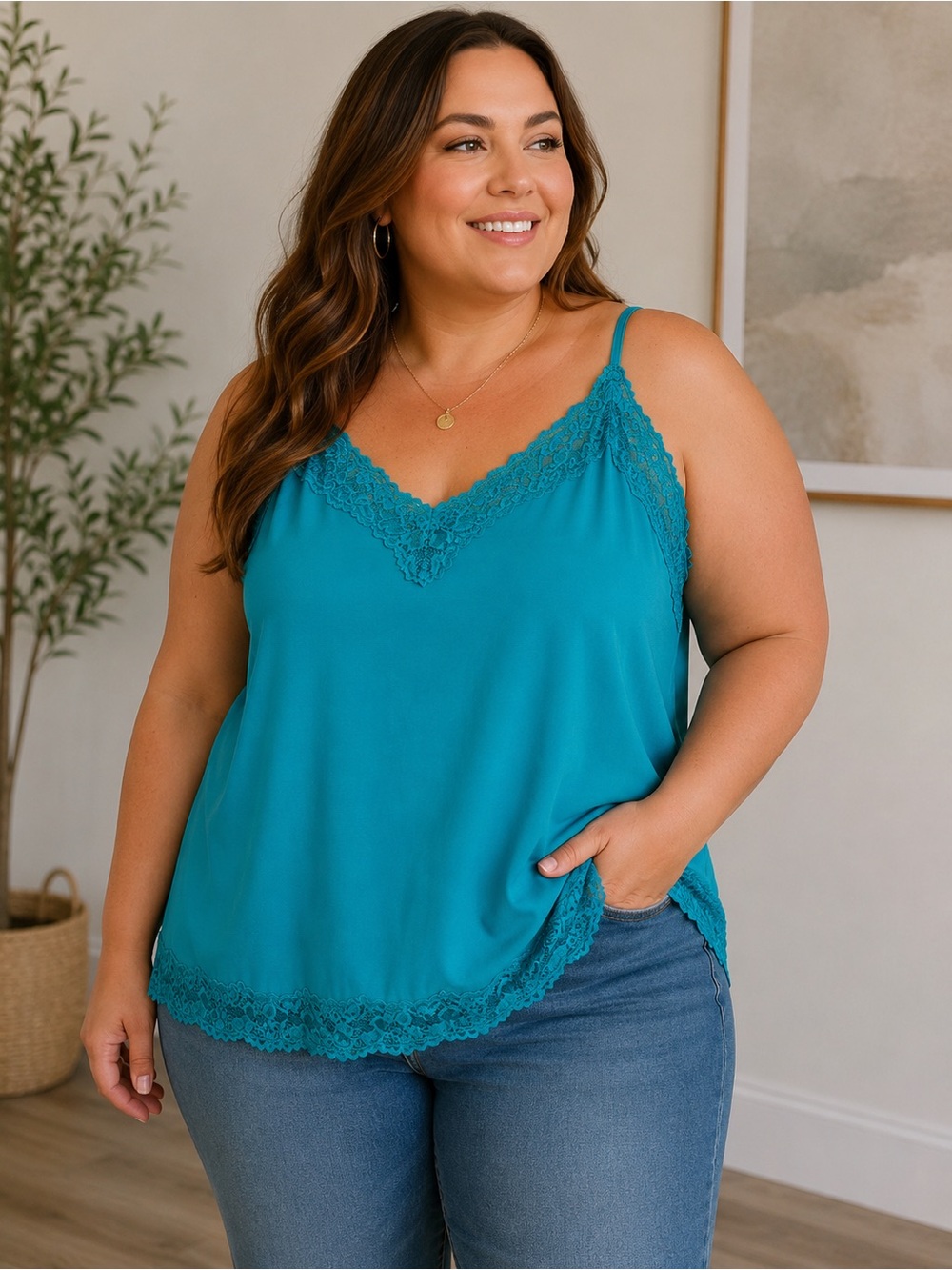 LANE BRYANT Turquoise Lace Trim Spaghetti Strap Tank Top Camisole Size 18/20